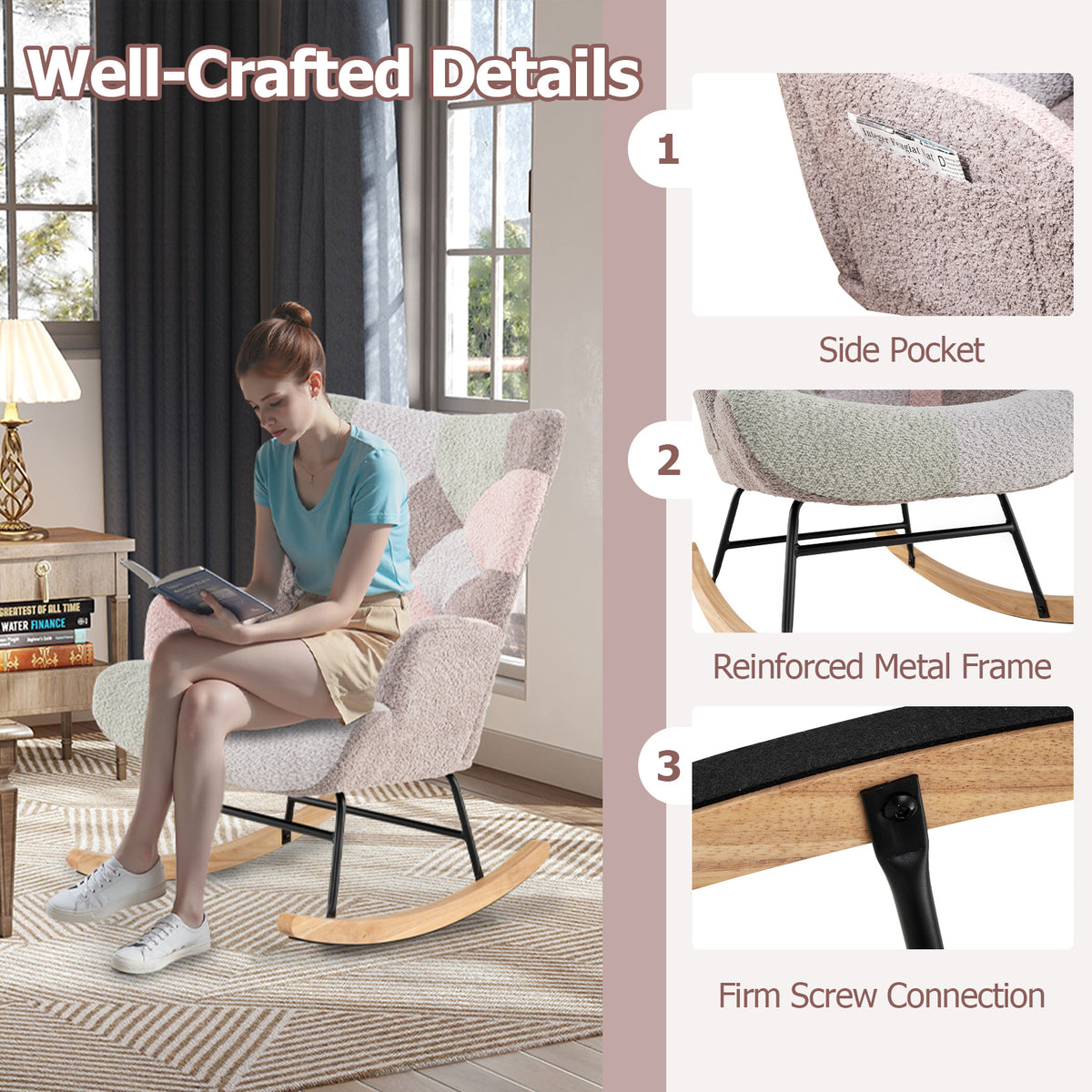 Nursery Rocking Chair Upholstered Boucle Fabric Nursing Armchair