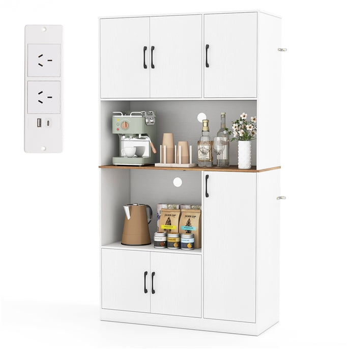 180 cm Tall Pantry Cabinet with Power Outlet and Microwave Stand
