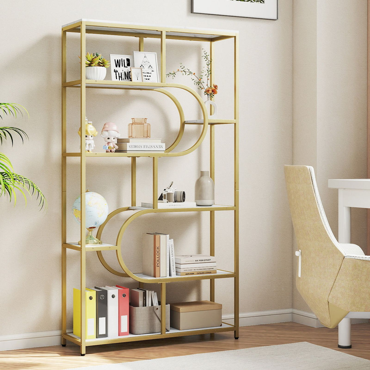 5-Tier Geometric Bookshelf with U Shape and Metal Frame for Home Office