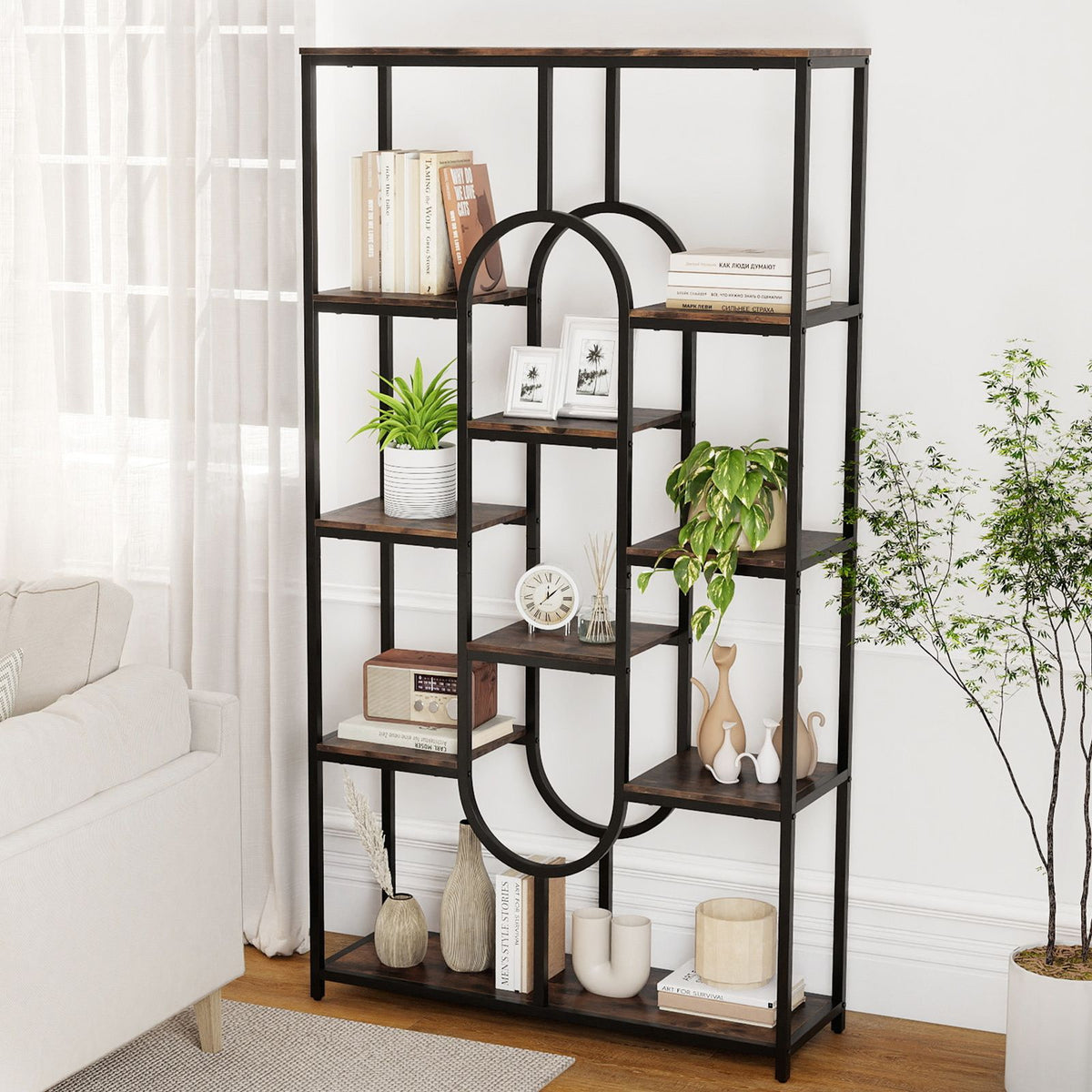 10-Tier Geometric Bookshelf 175CM with Open Shelves and Anti-Tip Kits