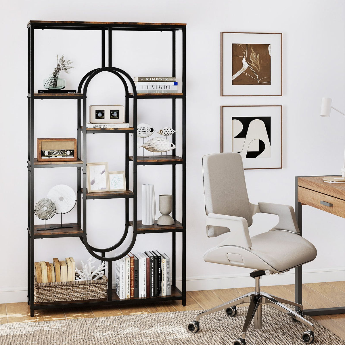 10-Tier Geometric Bookshelf 175CM with Open Shelves and Anti-Tip Kits