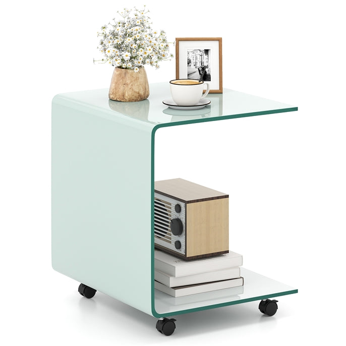 C-Shaped End Table, Modern Tempered Glass Side Table with 2-Tier Shelf