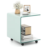 C-Shaped End Table, Modern Tempered Glass Side Table with 2-Tier Shelf