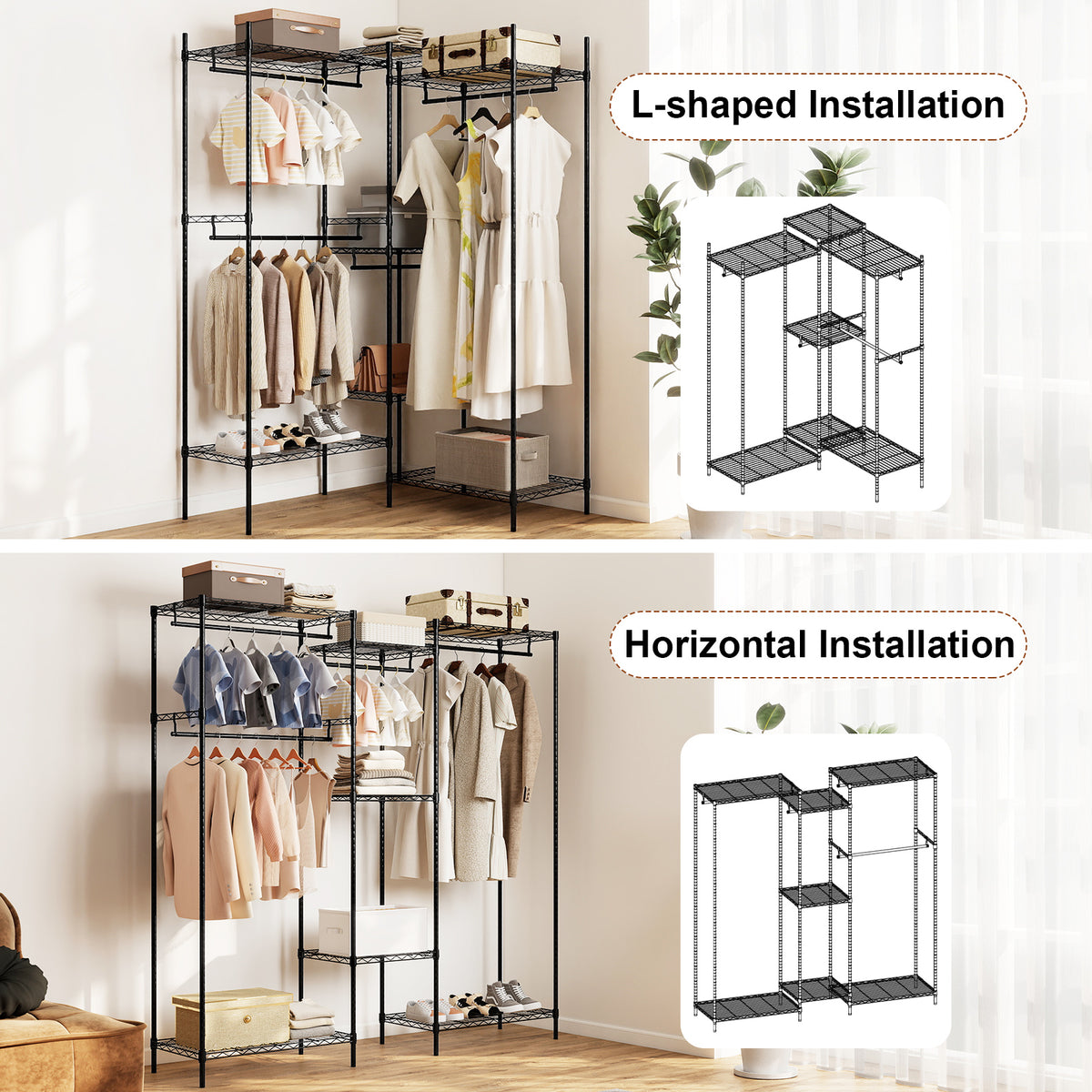 Portable Wardrobe with L-shape and Horizontal Installation