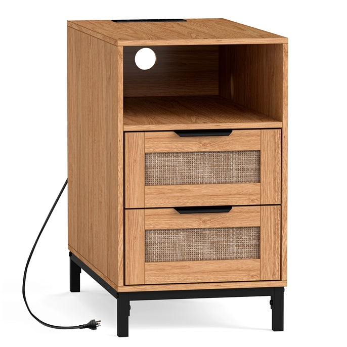 Rattan Nightstand with Charging Station and Open Storage Shelf