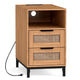 Rattan Nightstand with Charging Station and Open Storage Shelf