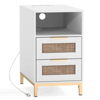 Rattan Nightstand with Charging Station and Open Storage Shelf