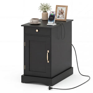 Giantex End Table with Charging Station, Farmhouse Bedside Table w/Storage Drawer
