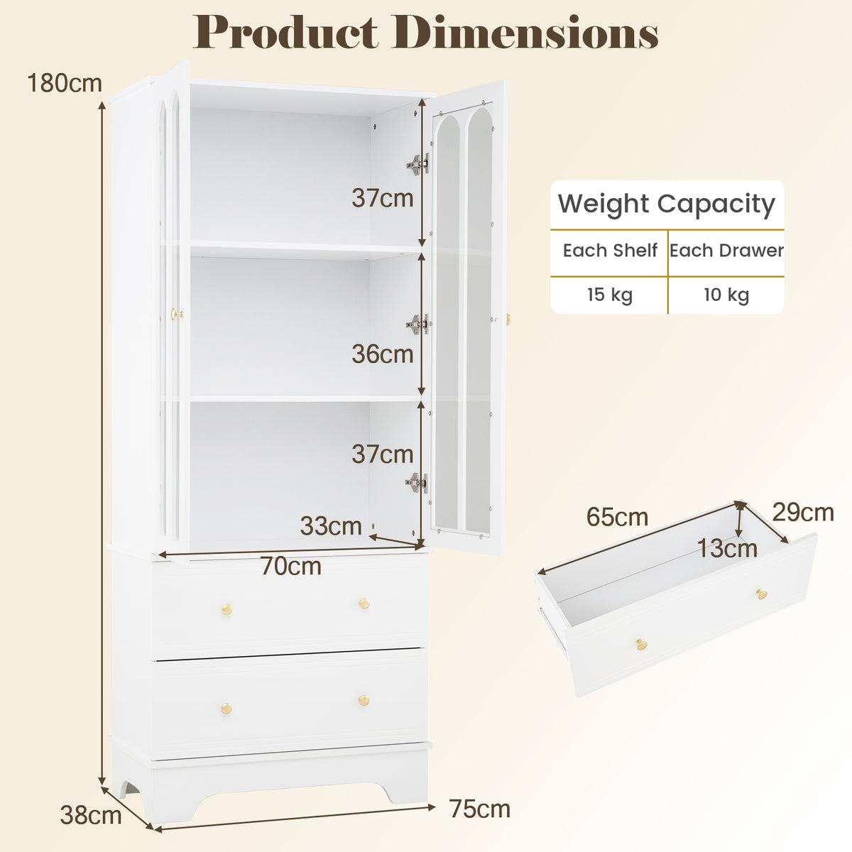 3-Tier Display Storage Cabinet with Metal Handles for Living Room
