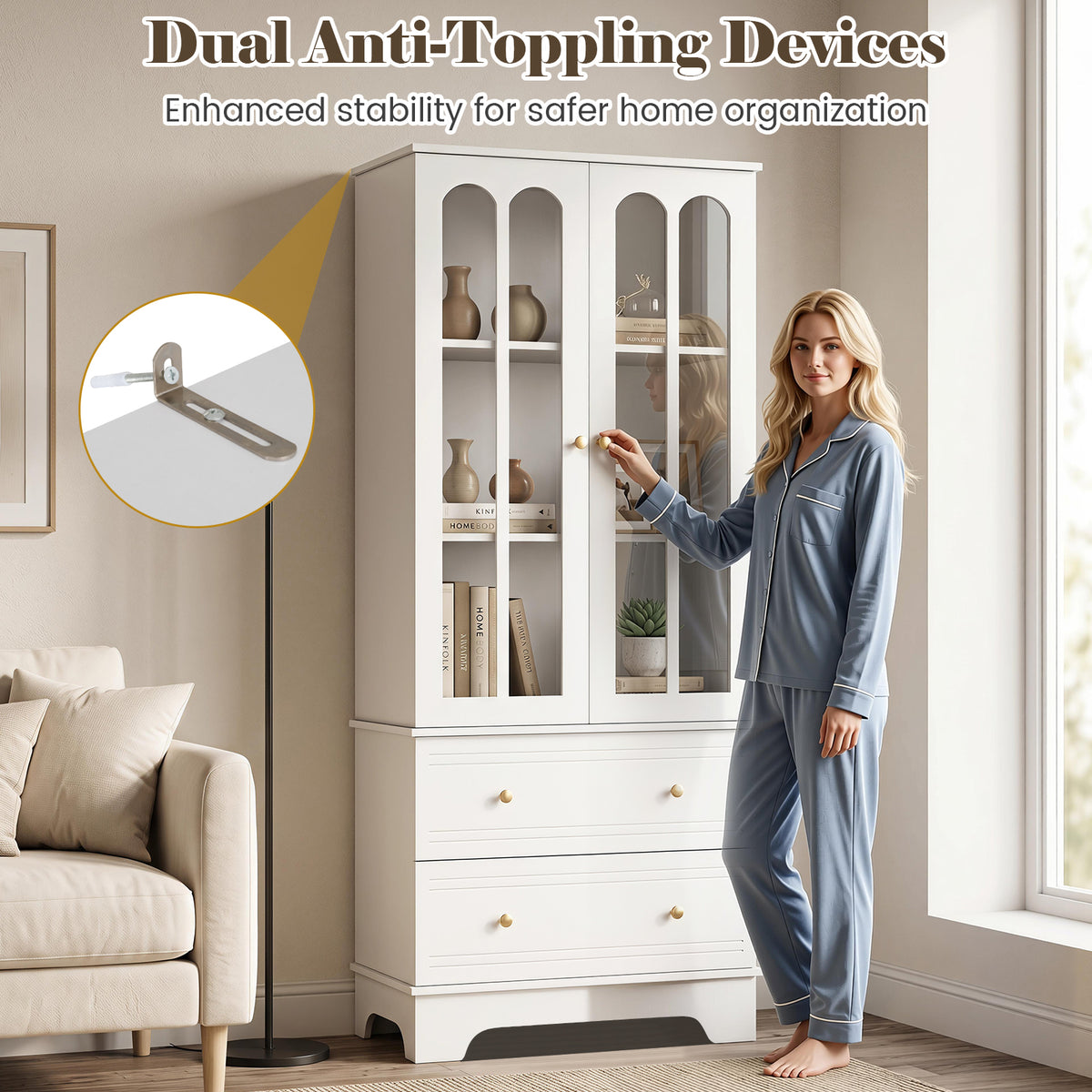 3-Tier Display Storage Cabinet with Metal Handles for Living Room