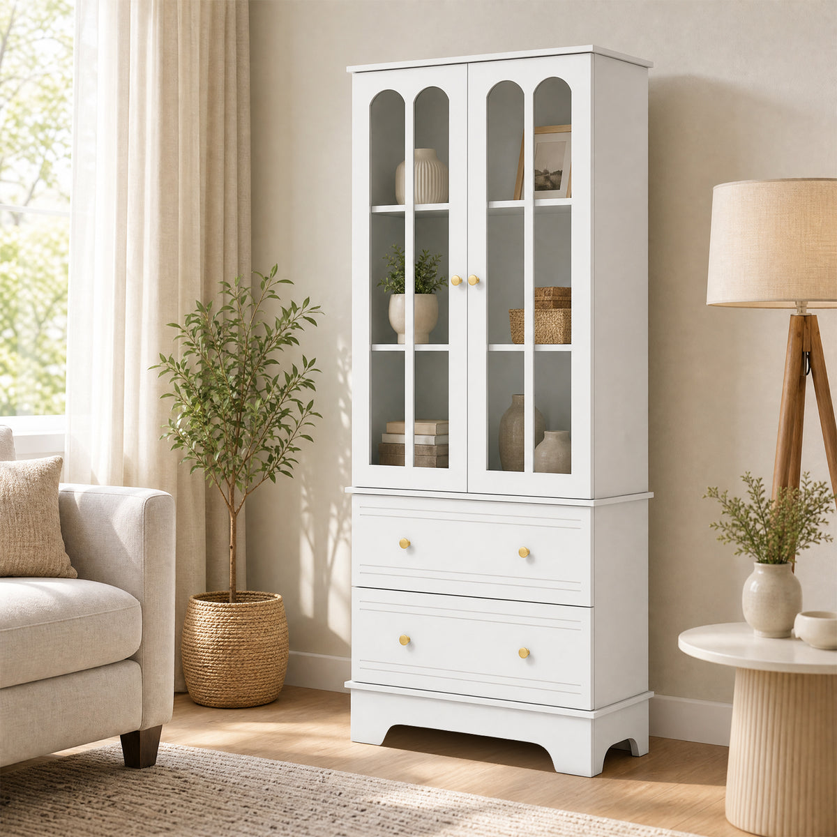 3-Tier Display Storage Cabinet with Metal Handles for Living Room