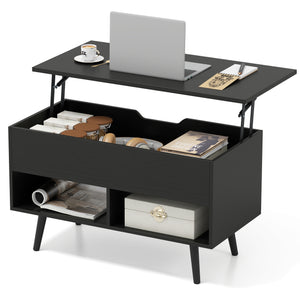 80cm Lift Top Coffee Table, Modern Wooden Lift Top Dining Table w/ Hidden Storage Compartment & 2 Storage Shelves