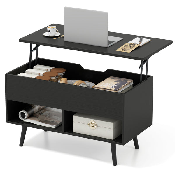 80cm Lift Top Coffee Table, Modern Wooden Lift Top Dining Table w/ Hidden Storage Compartment & 2 Storage Shelves