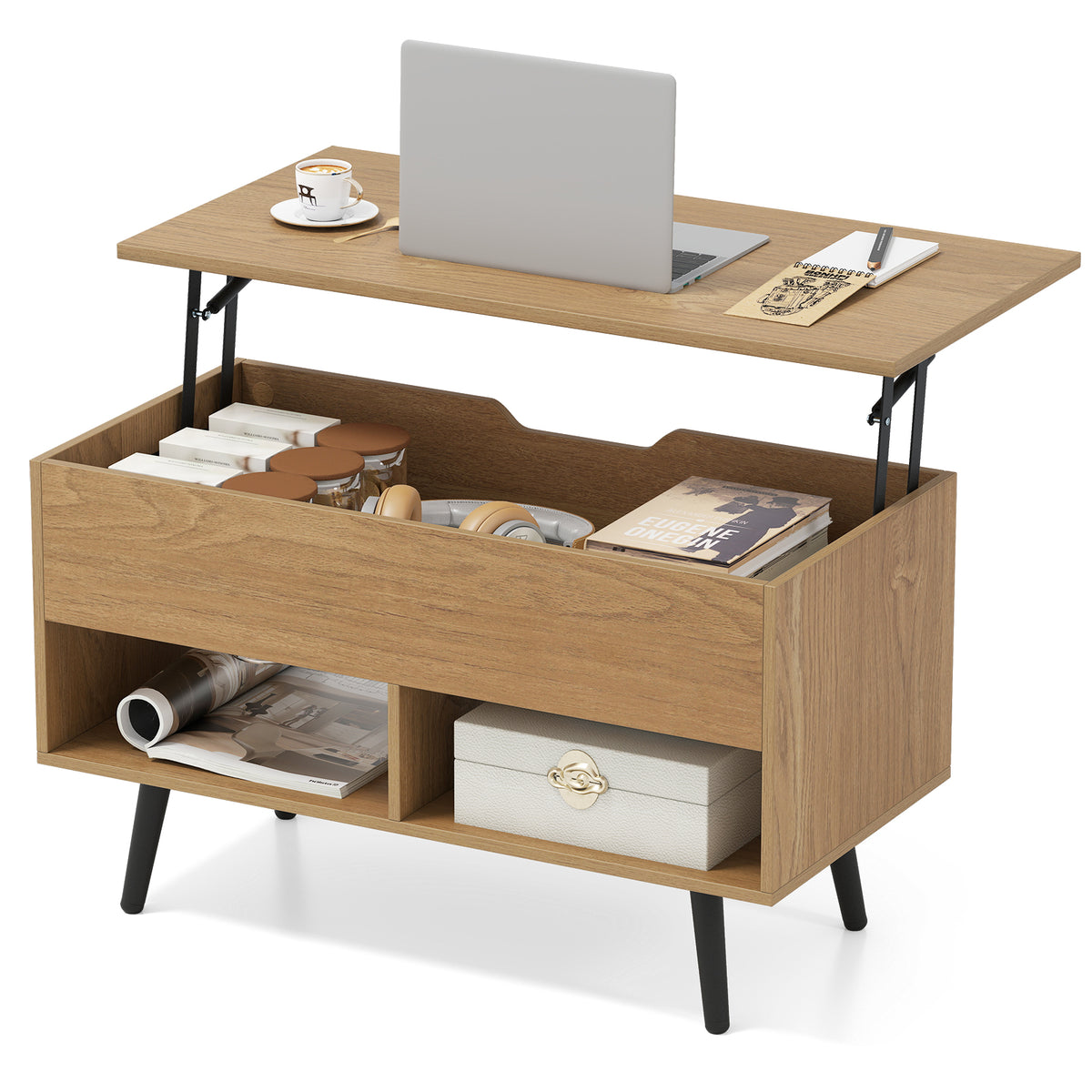 80cm Lift Top Coffee Table, Modern Wooden Lift Top Dining Table w/ Hidden Storage Compartment & 2 Storage Shelves
