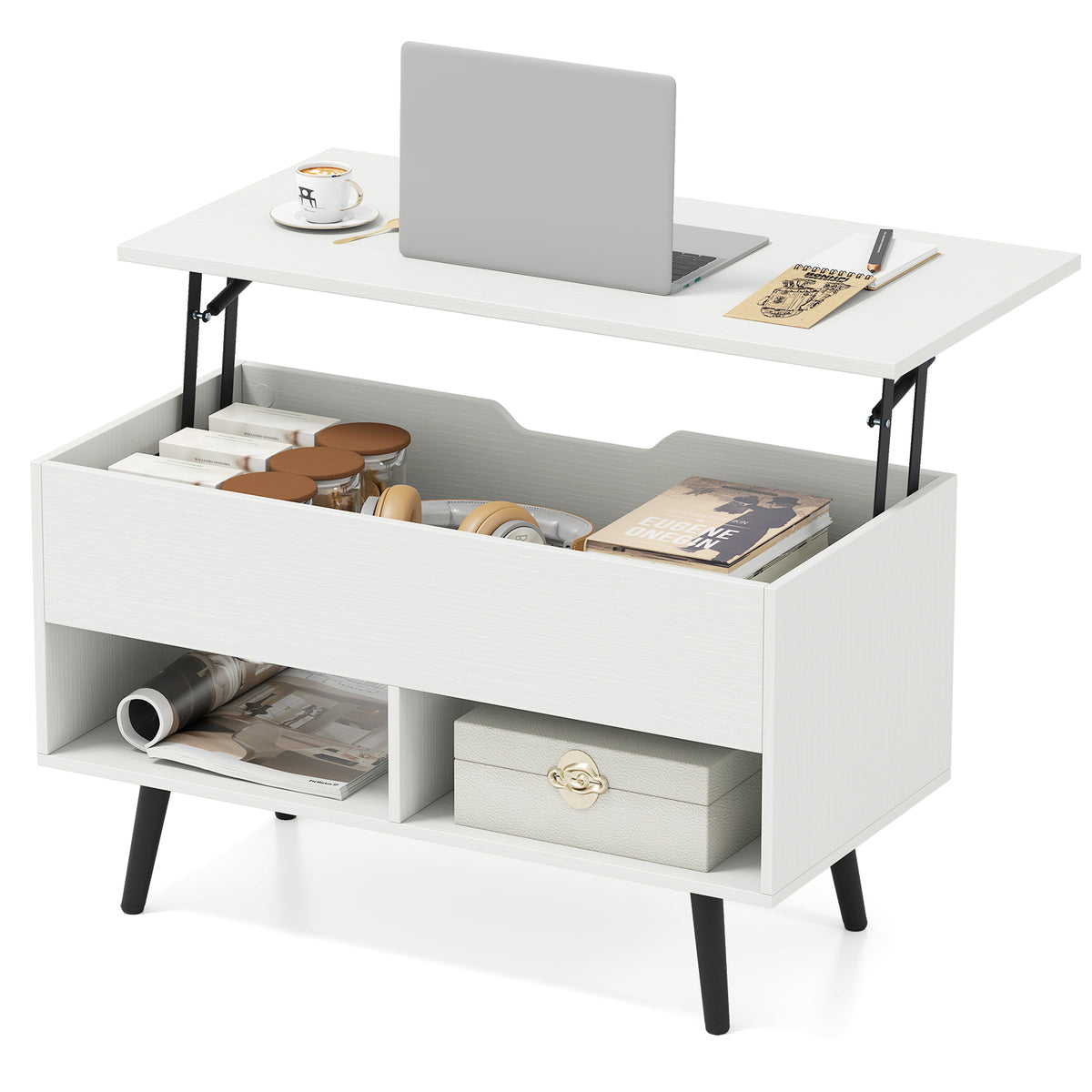 80cm Lift Top Coffee Table, Modern Wooden Lift Top Dining Table w/ Hidden Storage Compartment & 2 Storage Shelves