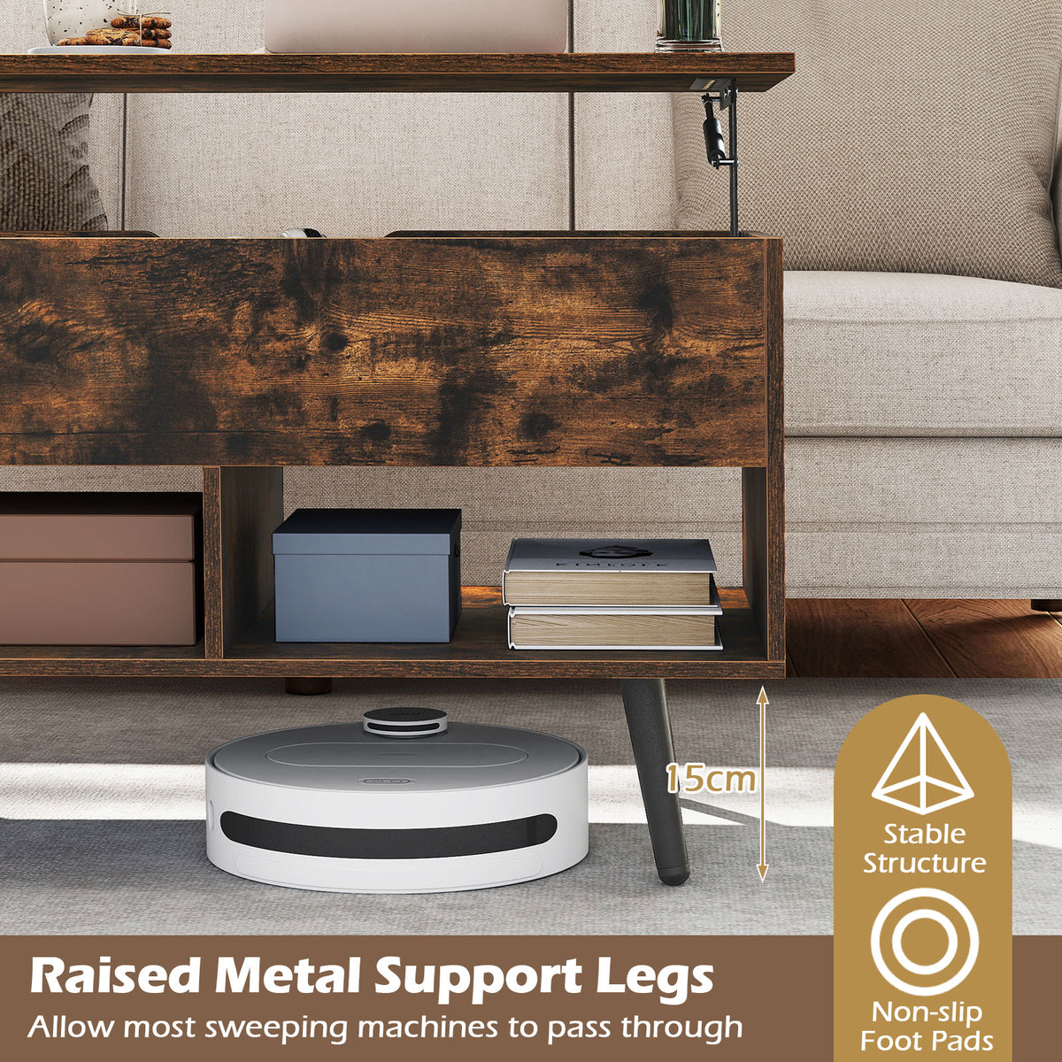 80cm Lift Top Coffee Table, Modern Wooden Lift Top Dining Table w/ Hidden Storage Compartment & 2 Storage Shelves