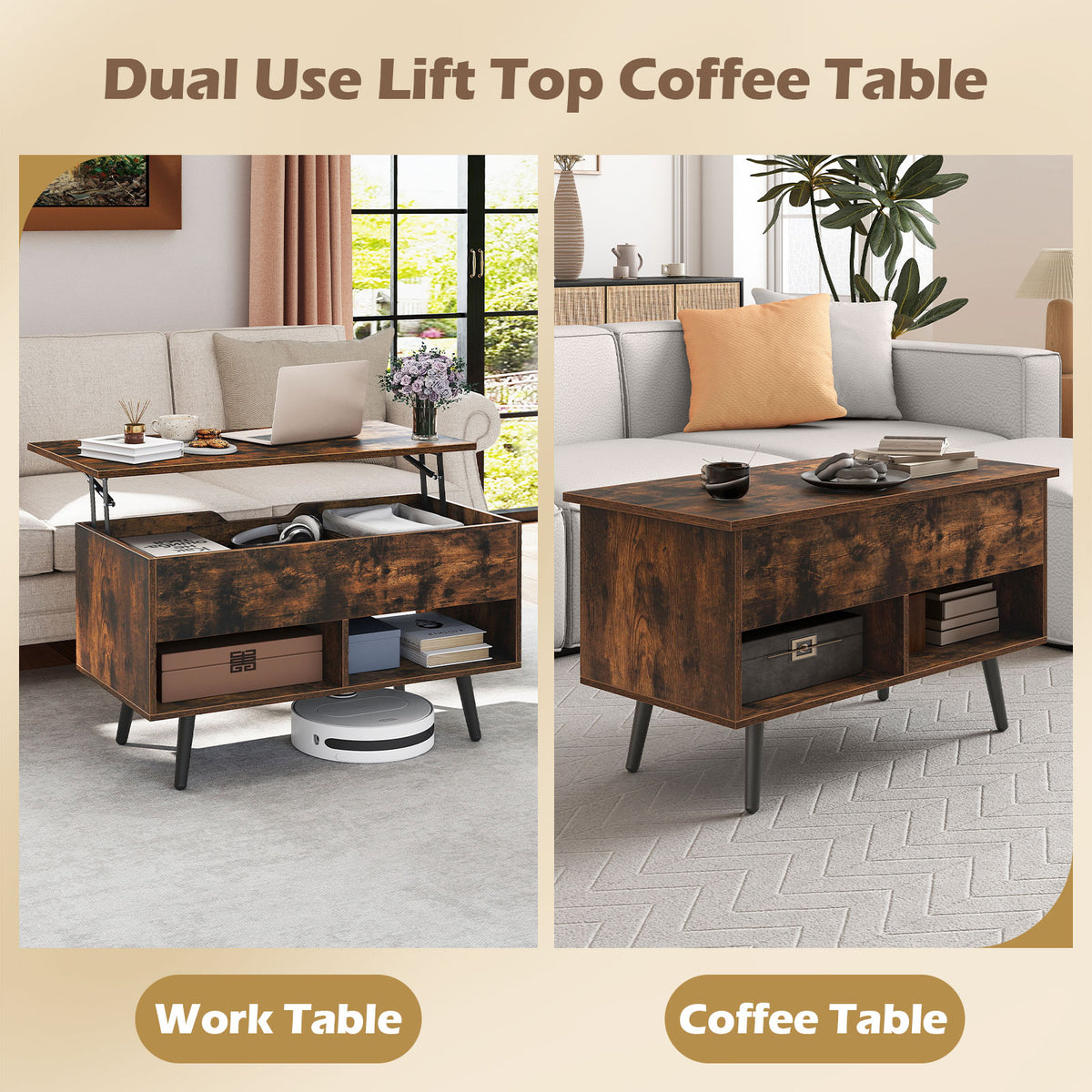 80cm Lift Top Coffee Table, Modern Wooden Lift Top Dining Table w/ Hidden Storage Compartment & 2 Storage Shelves