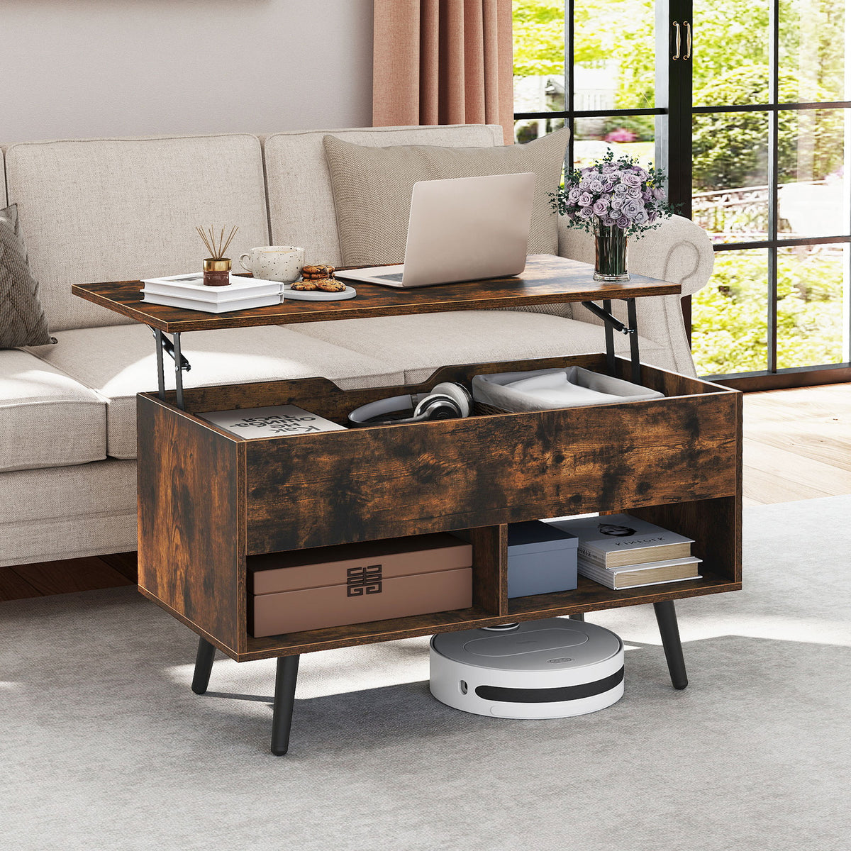 80cm Lift Top Coffee Table, Modern Wooden Lift Top Dining Table w/ Hidden Storage Compartment & 2 Storage Shelves