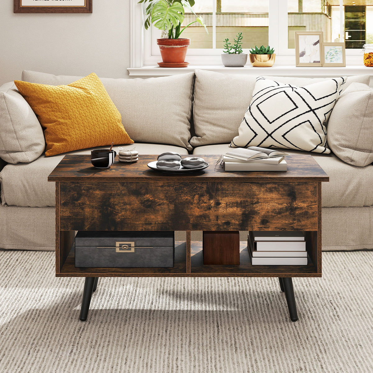 80cm Lift Top Coffee Table, Modern Wooden Lift Top Dining Table w/ Hidden Storage Compartment & 2 Storage Shelves