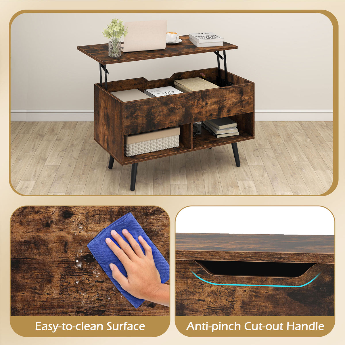 80cm Lift Top Coffee Table, Modern Wooden Lift Top Dining Table w/ Hidden Storage Compartment & 2 Storage Shelves