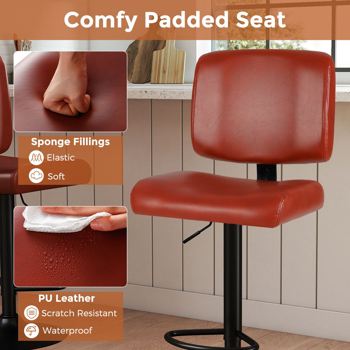 Modern Swivel Bar Stools Set of 2 with Adjustable Height and PU Leather Padded Seat