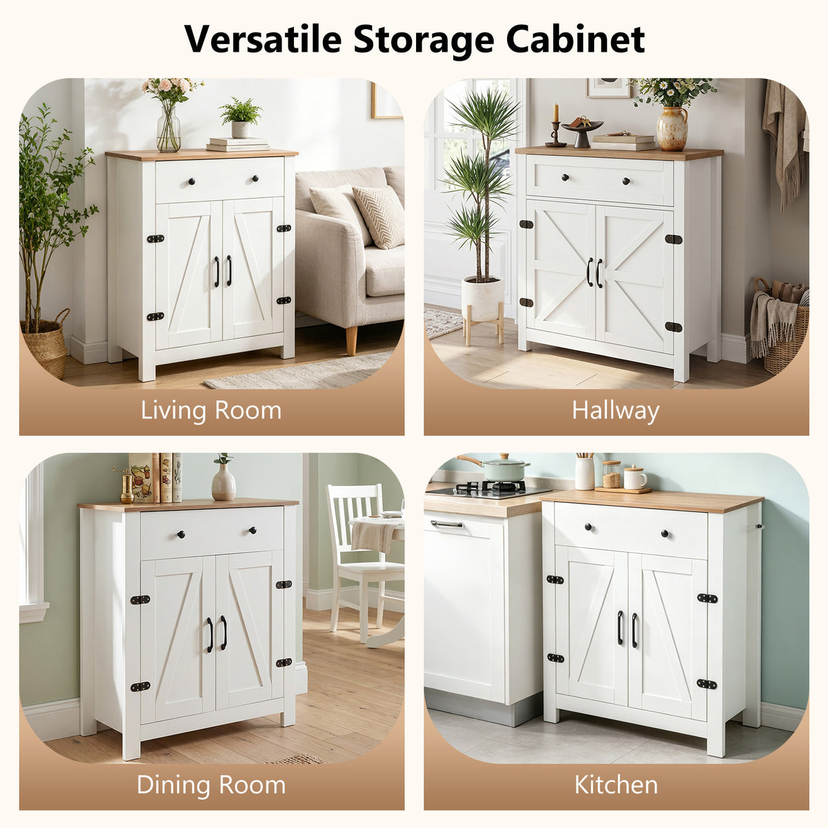 Farmhouse Buffet Cabinet 80cm with Adjustable Shelf and 2 Barn Doors