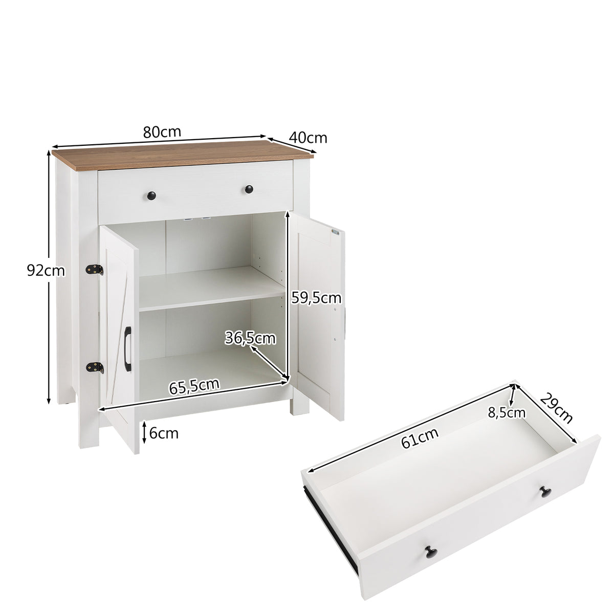Farmhouse Buffet Cabinet 80cm with Adjustable Shelf and 2 Barn Doors