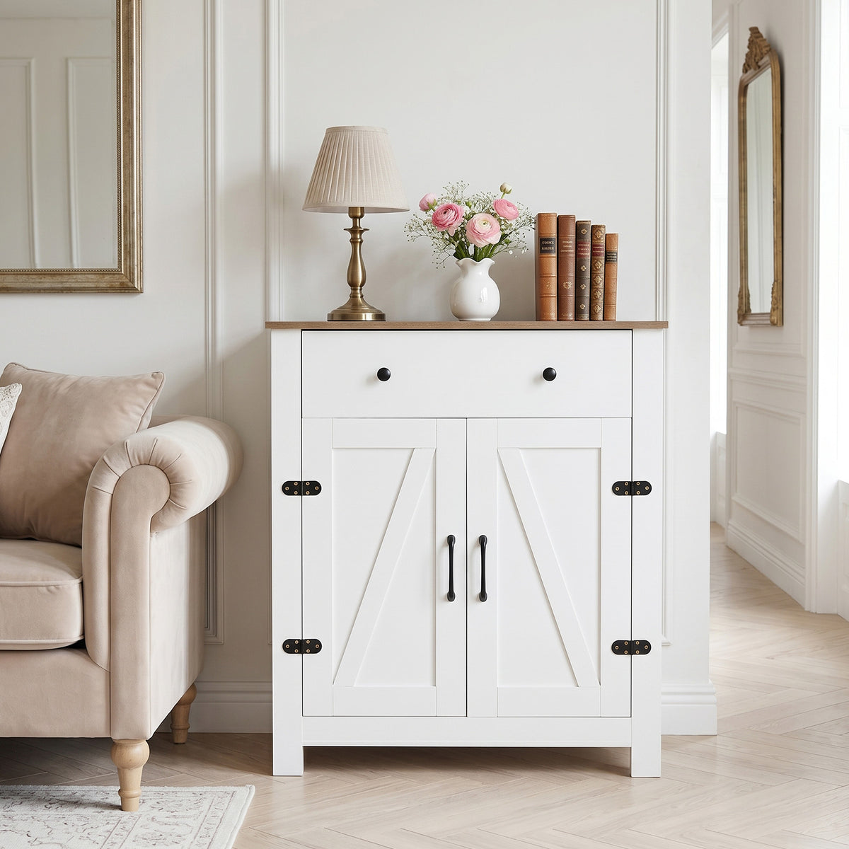 Farmhouse Buffet Cabinet 80cm with Adjustable Shelf and 2 Barn Doors