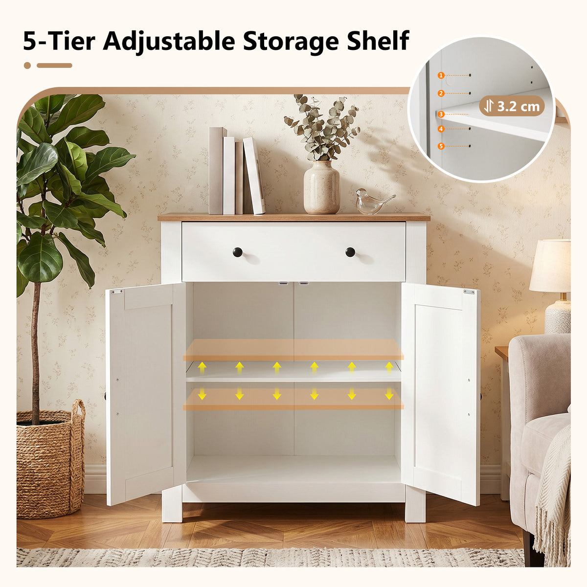 Farmhouse Buffet Cabinet 80cm with Adjustable Shelf and 2 Barn Doors