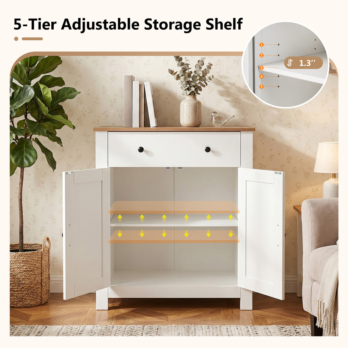 Farmhouse Buffet Cabinet 80cm with Adjustable Shelf and 2 Barn Doors