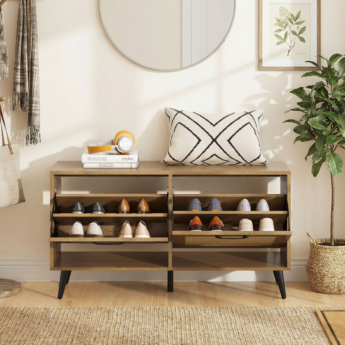 Giantex Rattan Shoe Storage Cabinet with 2 Flip Drawers