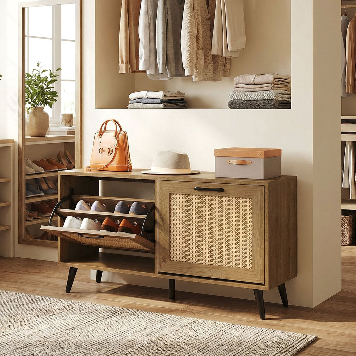 Giantex Rattan Shoe Storage Cabinet with 2 Flip Drawers