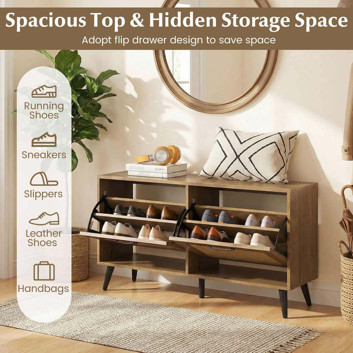 Giantex Rattan Shoe Storage Cabinet with 2 Flip Drawers