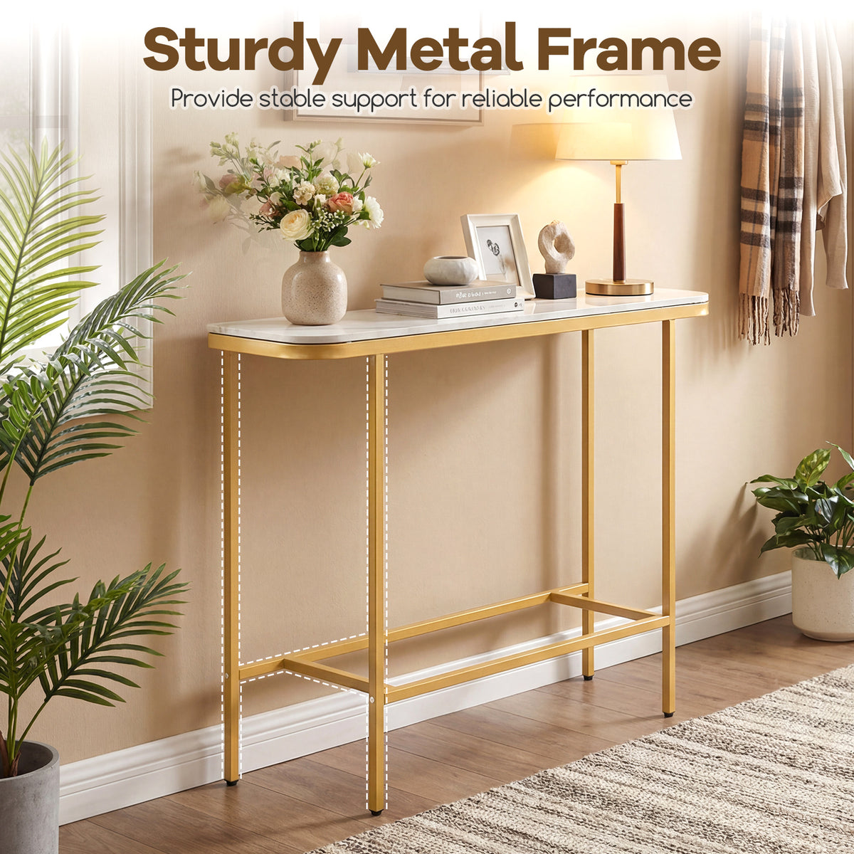 Modern Sofa Console Table with Faux Marble Top and Metal Frame