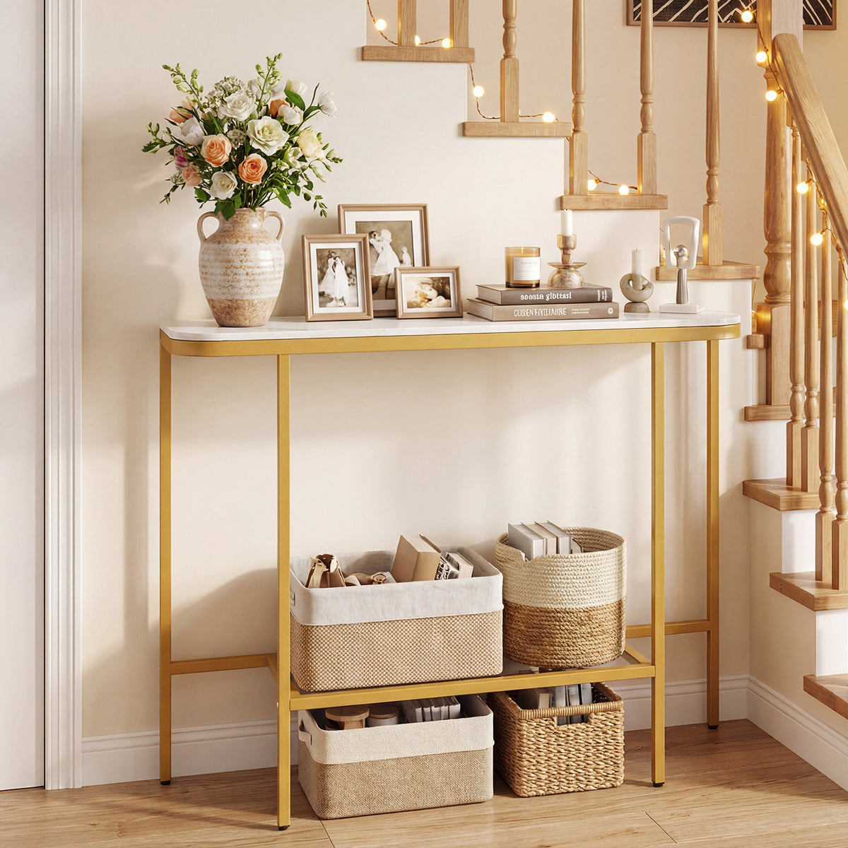 Modern Sofa Console Table with Faux Marble Top and Metal Frame