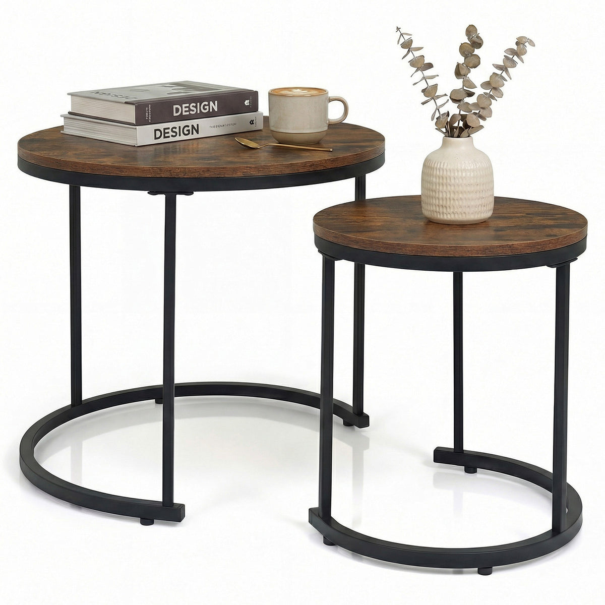Giantex Set of 2 Compact Stacking Side Tables w/Wooden Tabletop & Powder-Coated Steel Frame