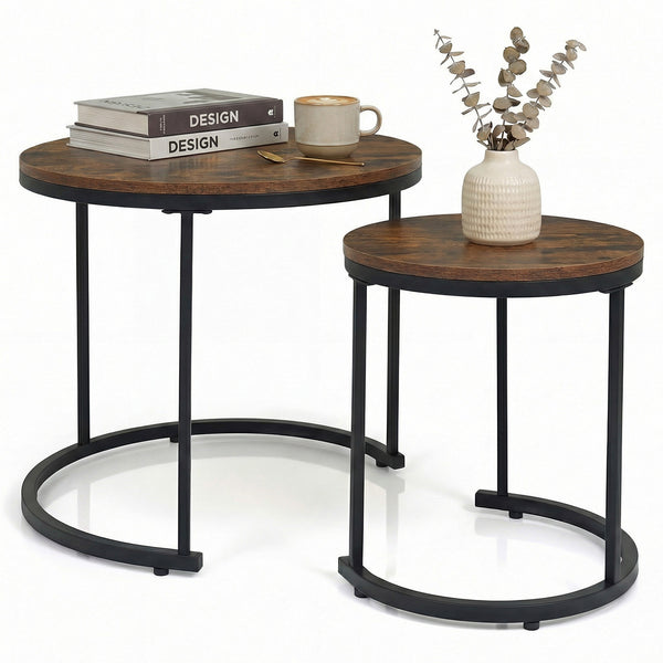 Giantex Set of 2 Compact Stacking Side Tables w/Wooden Tabletop & Powder-Coated Steel Frame