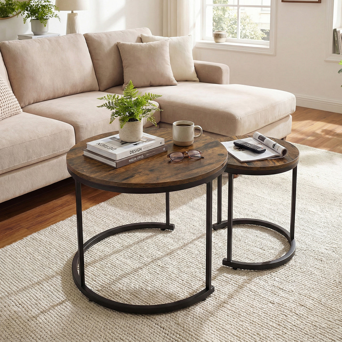 Giantex Set of 2 Compact Stacking Side Tables w/Wooden Tabletop & Powder-Coated Steel Frame