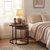 Giantex Set of 2 Compact Stacking Side Tables w/Wooden Tabletop & Powder-Coated Steel Frame