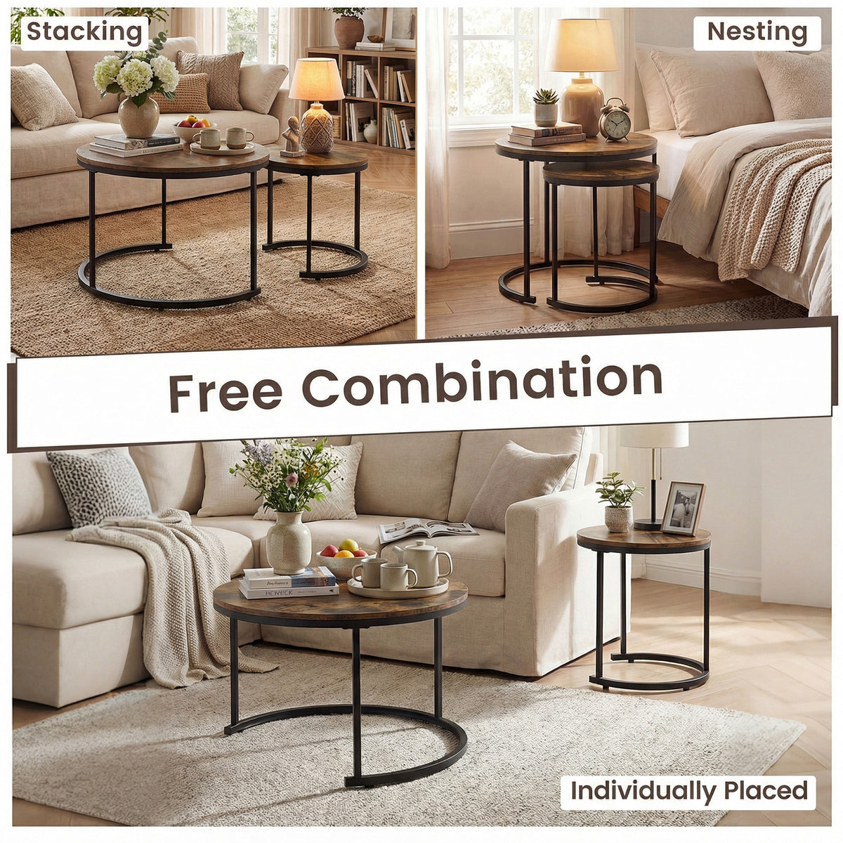 Giantex Set of 2 Compact Stacking Side Tables w/Wooden Tabletop & Powder-Coated Steel Frame