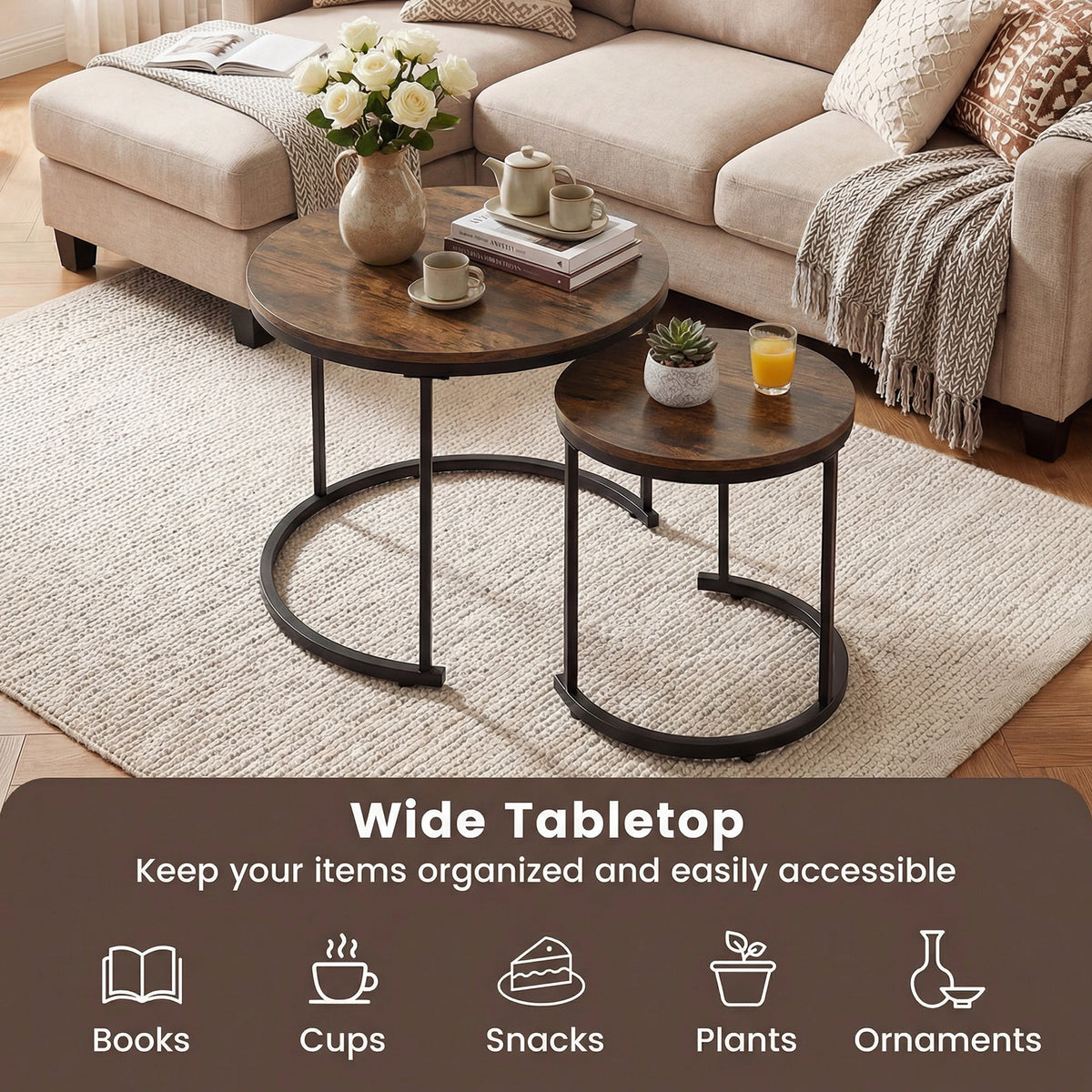 Giantex Set of 2 Compact Stacking Side Tables w/Wooden Tabletop & Powder-Coated Steel Frame
