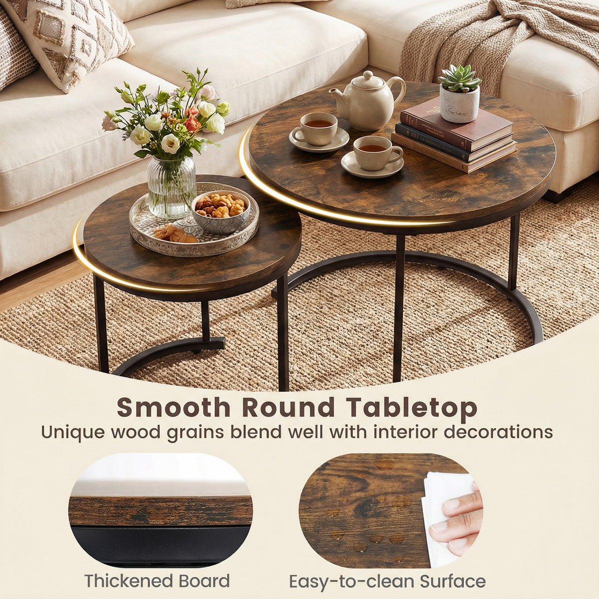 Giantex Set of 2 Compact Stacking Side Tables w/Wooden Tabletop & Powder-Coated Steel Frame