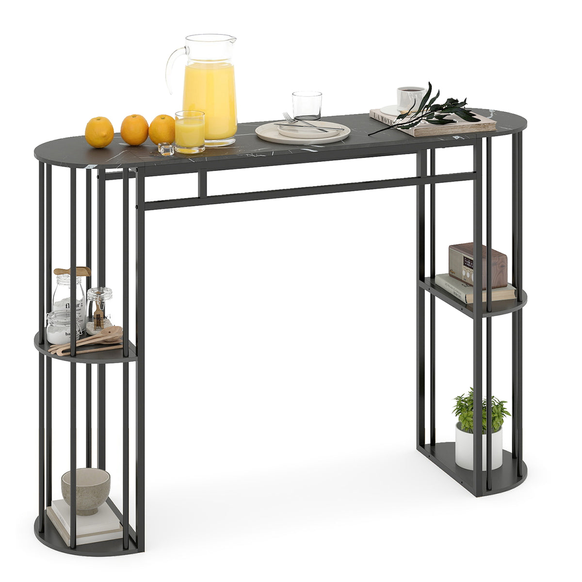 150 cm Long Bar Table, Narrow Pub Table with Faux Marble Tabletop & Storage Shelves