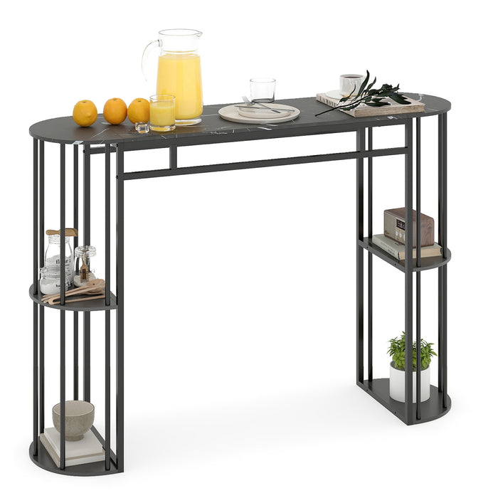 150 cm Long Bar Table, Narrow Pub Table with Faux Marble Tabletop & Storage Shelves