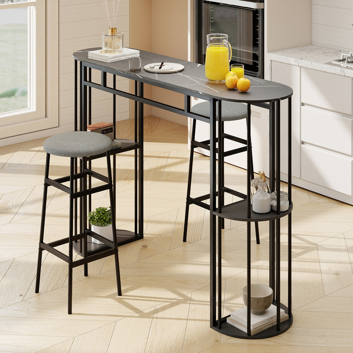 150 cm Long Bar Table, Narrow Pub Table with Faux Marble Tabletop & Storage Shelves