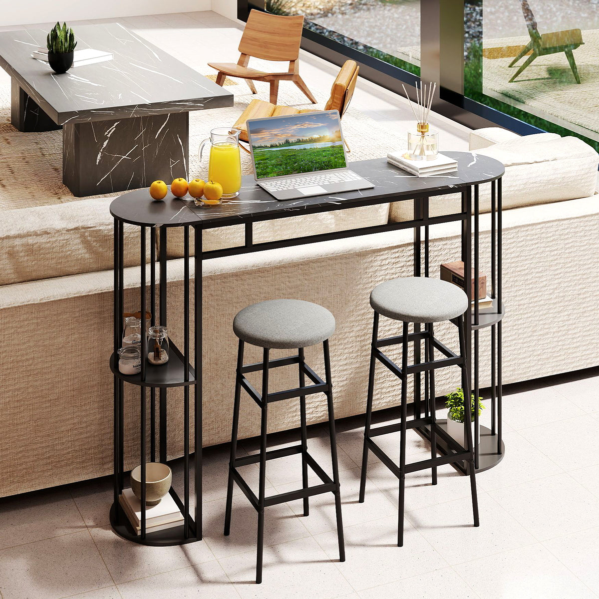 150 cm Long Bar Table, Narrow Pub Table with Faux Marble Tabletop & Storage Shelves