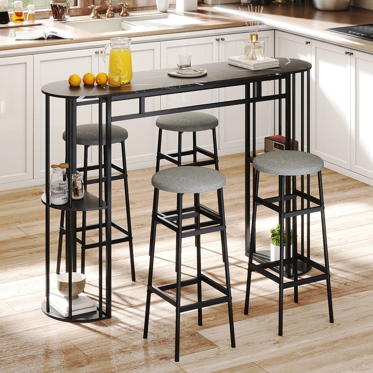 150 cm Long Bar Table, Narrow Pub Table with Faux Marble Tabletop & Storage Shelves
