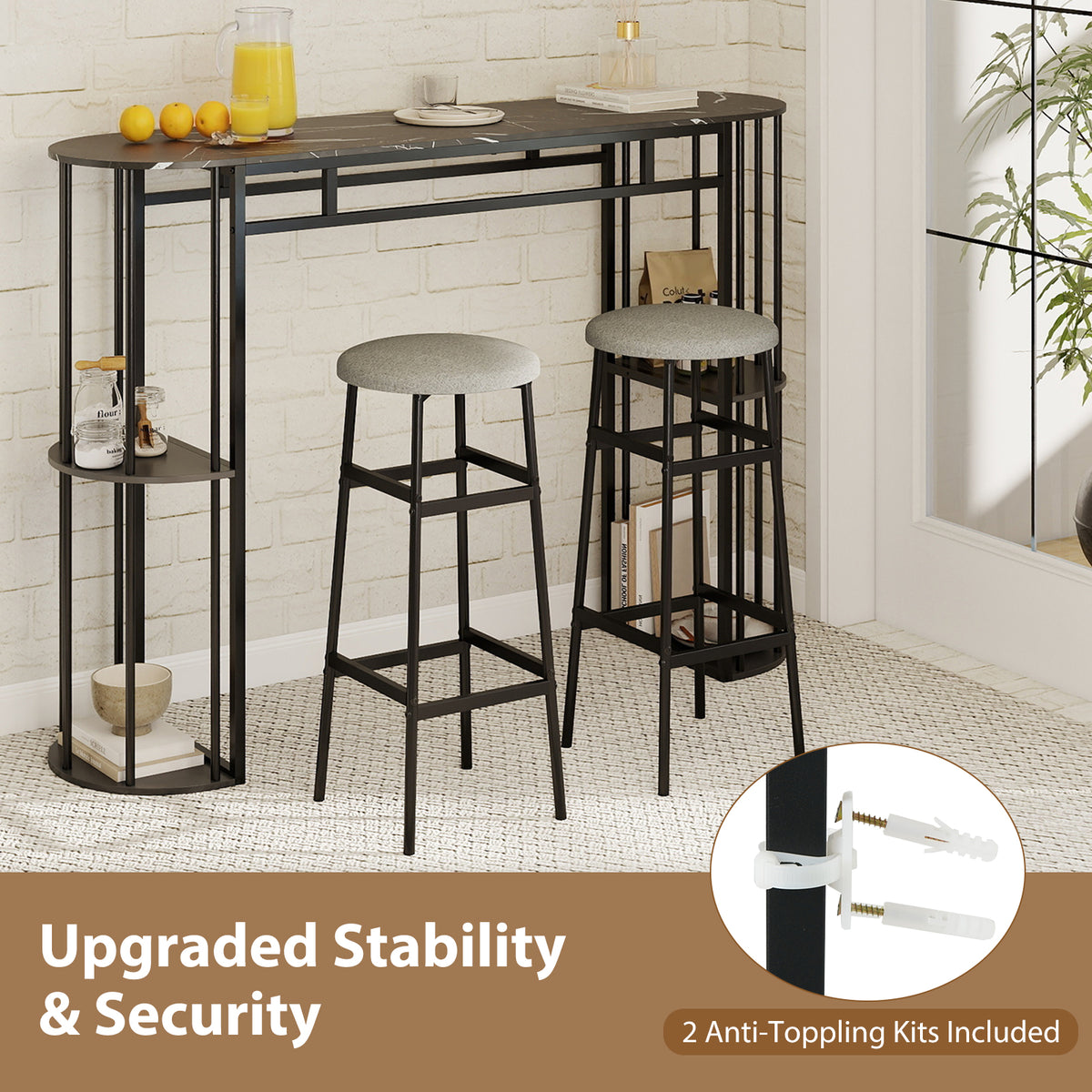 150 cm Long Bar Table, Narrow Pub Table with Faux Marble Tabletop & Storage Shelves