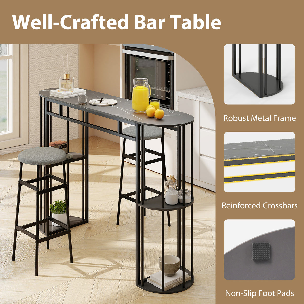 150 cm Long Bar Table, Narrow Pub Table with Faux Marble Tabletop & Storage Shelves