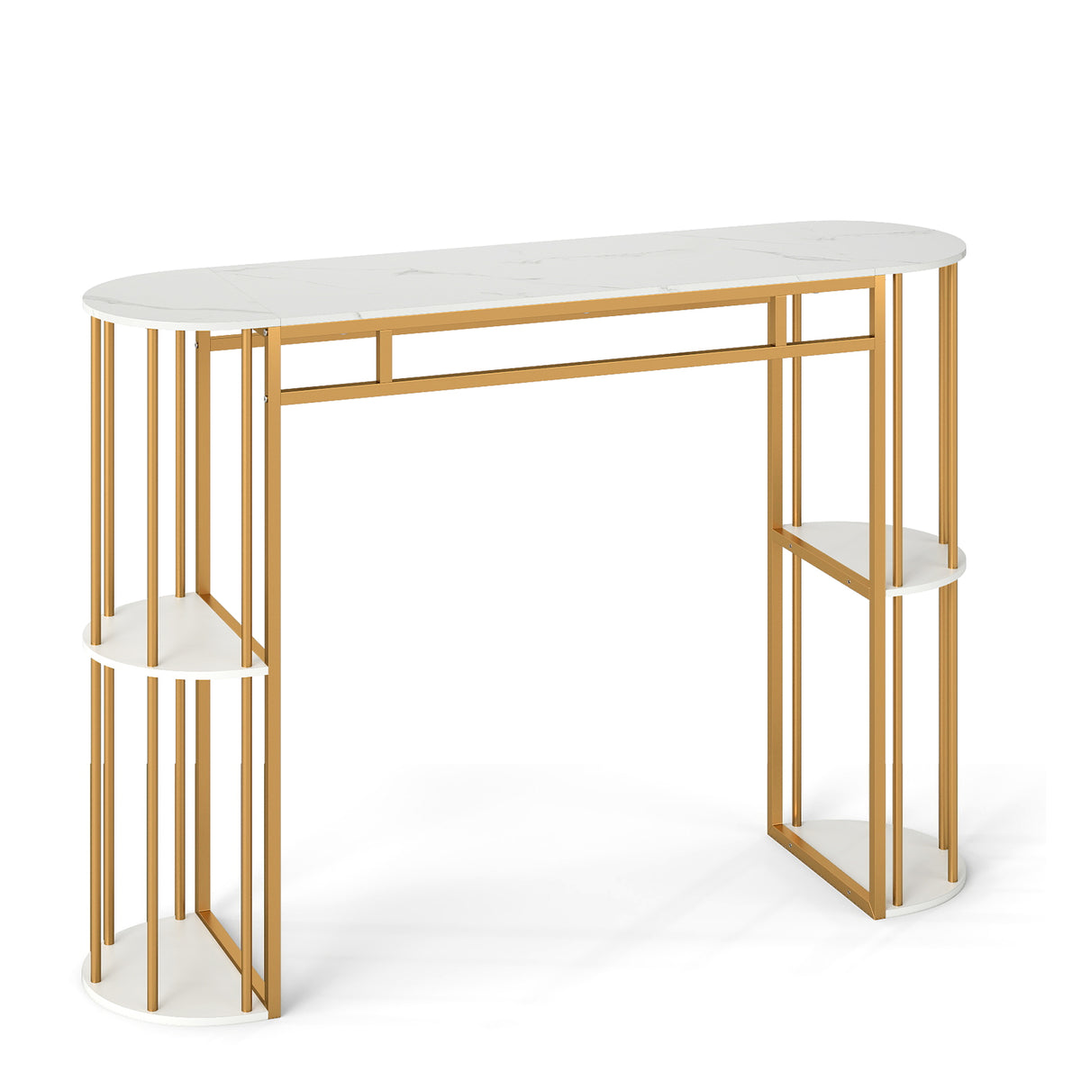 150 cm Long Bar Table, Narrow Pub Table with Faux Marble Tabletop & Storage Shelves